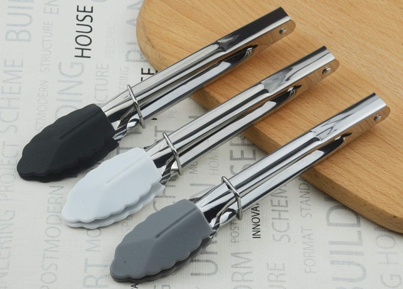 HINMAY Mini Tongs with Silicone Tips 7-Inch Small Serving Tongs, Set of 3 (Black White Gray) - Image 4